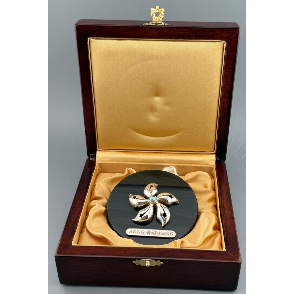Vintage Sterling Silver Orchid Bauhinia Paperweight Obsidian Base Kai-Yin Lo 3"